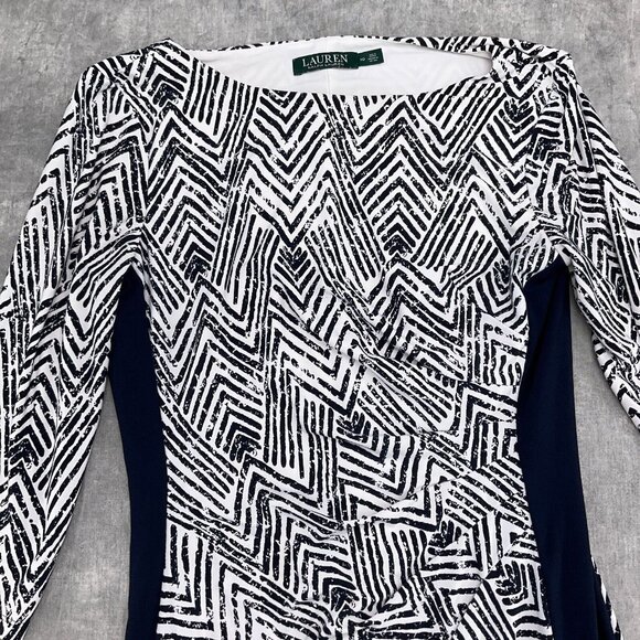 Lauren Ralph Lauren Dress Women 10 Black White Chevron Sheath Colorblock Stretch - Picture 2 of 11